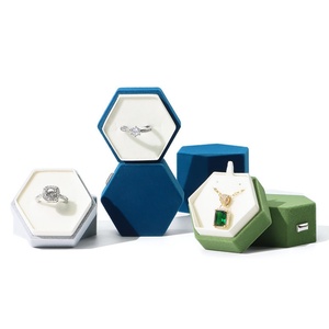 Premium Elegant <b>Small</b> Hexagon Velvet Jewelry Ring <b>Box</b> <b>Lid</b> Base Debossing Custom Logo Packaging for Wedding Ring - Product Image 4