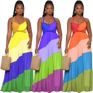 Wholesale Women's Clothing 2022 Summer New Women's Contrast Color Strap Chiffon Dress Women's Fashion Casual Plus Size Beach Dre