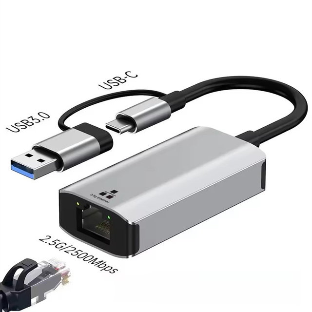 Networking Adapter for Stable Internet USB to RJ45 Double Port USB a and C 2.5Gbps 1Gbps Plugs and Play Fast Speed Ethernet