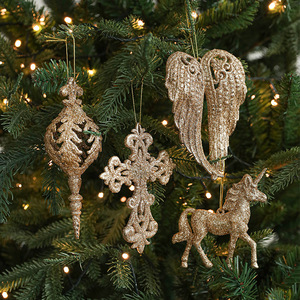 Crucifijo Colgante para Árbol de Navidad, Adornos de Copos de Nieve Navideños con Alas de Ángel y Brillo Champán para Decoración de Árboles de Navidad - Product Image 1