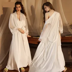 Hàng Mới Về Phụ Nữ Trong Suốt ĐÁM CƯỚI Sexy Sheer Dài Ren Sang Trọng Lụa Trắng Satin Kimono Robes