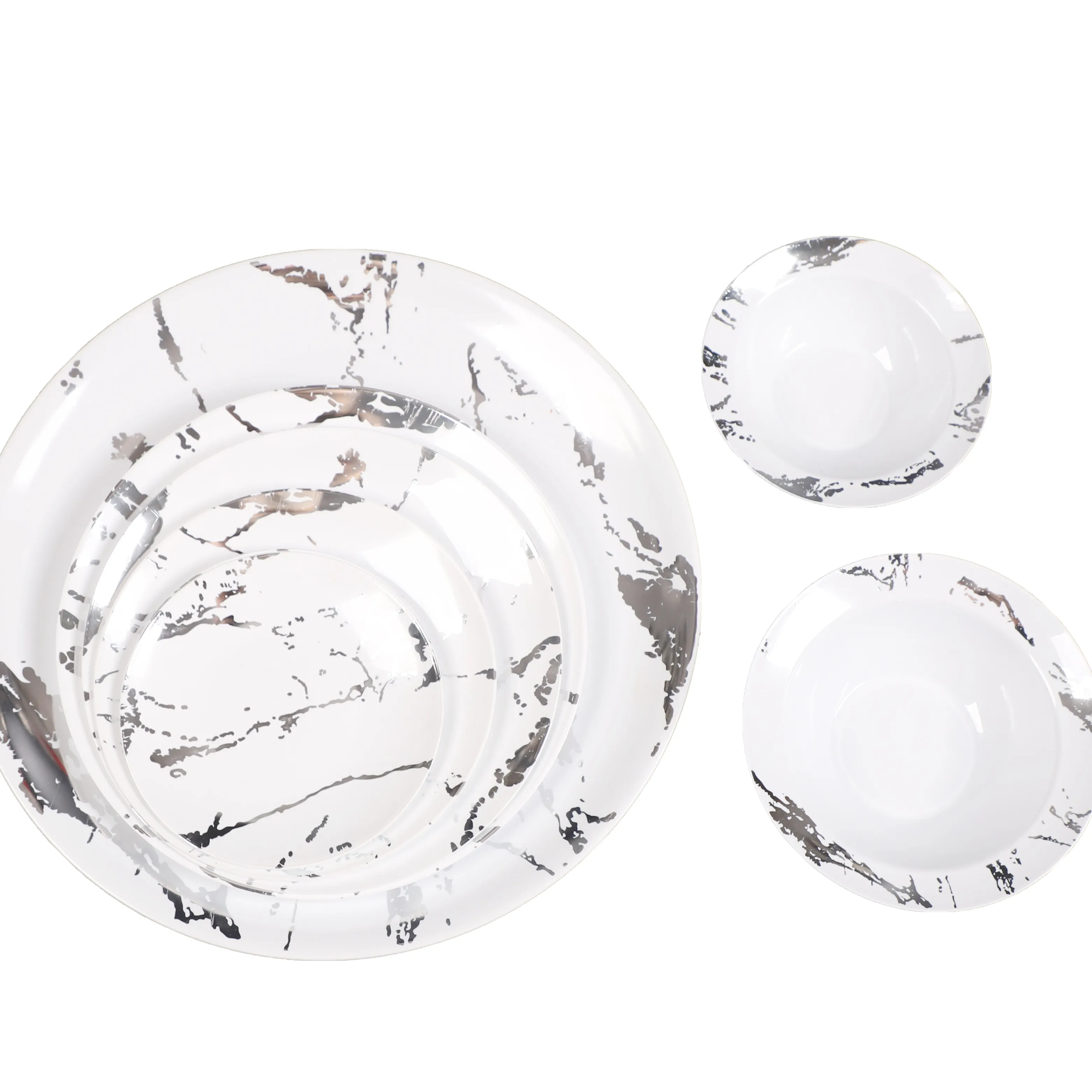 흰색 플라스틱 접시 실버 대리석 디자인 라운드 일회용 플라스틱 식기 플라스틱 접시