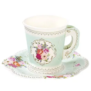 Nicro Birthday Gold Mint Table Decoration Supplies Tea Party Cups with Handles Floral Shaped Teacup Disposable Paper Plates Set