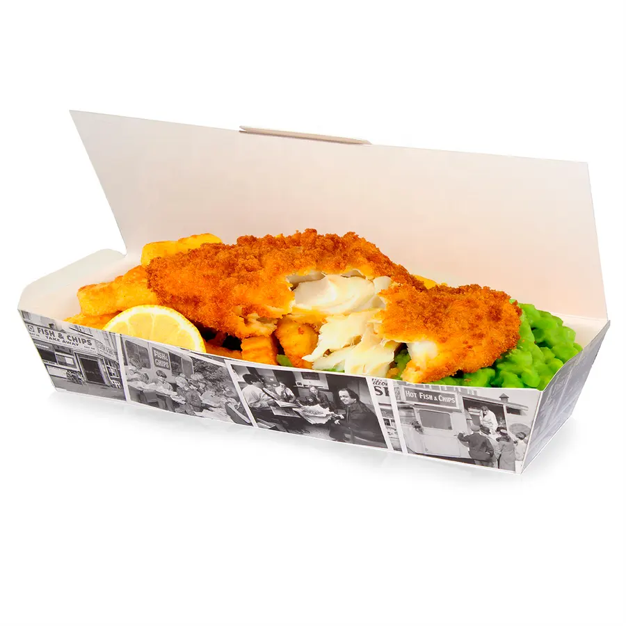 صندوق ورقي مخصص للاستعمال مرة واحدة للسمك والبطاطس صندوق لتعبئة الأسماك والبطاطس مطبوع للطعام السريع معبأ بالدجاج المقلي