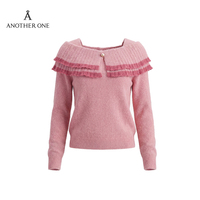 Pull en maille vintage rose uni respirant pour femme, coupe ajustée, à épaules dénudées, col rond à volants, manches longues, idéal pour l'hiver