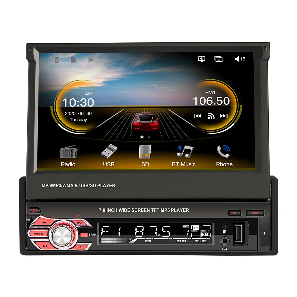 Layar HD Carplay Audio MP5 Dapat Ditarik, Radio 1 Din, Tape Recorder, Pemutar BT, Android Auto, 7"