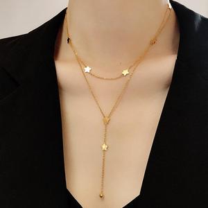 Kalung Panjang Wanita Model Rantai Y Lapis Ganda Berlapis Emas Stainless Steel dengan Hiasan Bintang dan Hati - Product Image 5
