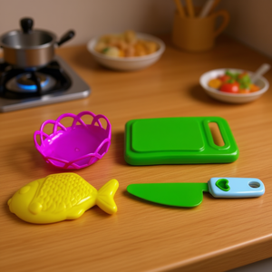 Plastic Kids Kitchen Play Set with Cutting Board <b>Knife</b> Basket Toy Food for Pretend Kitchen Role Play - Product Image 2