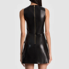 Vestido Mini Negro Elegante sin Mangas de Piel Sintética para Mujer, Vestido Ajustado con Cuello Redondo y Detalle de Bolsillo Decorativo - Product Image 2