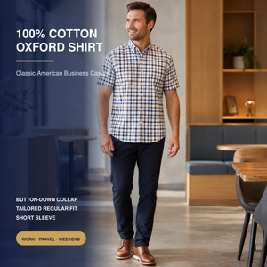 Camisa <span class=keywords><strong>de</strong></span> <span class=keywords><strong>Manga</strong></span> <span class=keywords><strong>Corta</strong></span> para Hombre, 100% Algodón Oxford, <span class=keywords><strong>Cuadros</strong></span>, Cuello con Botones, Estilo Casual <span class=keywords><strong>de</strong></span> Negocios, Verano, Venta al Por Mayor, OEM, Marca Privada - Product Image 2