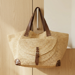Sac cabas en raphia pour femme, style bohème, couleur unie, sac de plage d'été avec poignées en cuir, fermeture éclair, doublure en coton - Product Image 3