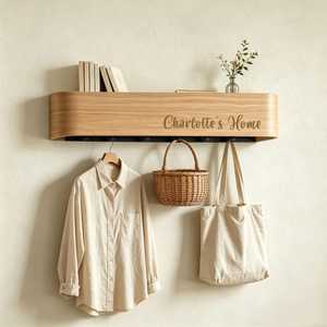 Modern Eco-Friendly Wooden Wall Coat Rack Entryway Peg <b>Hook</b> <b>Shelf</b> Brown Hanging Organizer Customizable Thickness for Living Room - Product Image 3