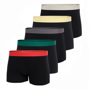Calzoncillos bóxer de punto para hombre, 100% algodón, tiro medio, color liso, transpirables, paquete de 5, negros con cinturillas de colores - Product Image 1