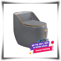 WC monobloc en céramique HG au design moderne et simple, blanc avec ligne dorée, siphon, sanitaire avec réservoir encastré