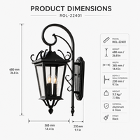 Lampe murale LED extérieure en acier inoxydable de grande taille, style rétro noir, pour jardin, cour, couloir, villa, étanche, E14, 3 niveaux de luminosité