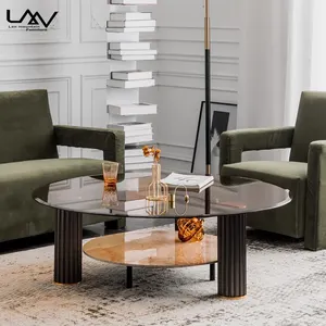 Modern luxury style living room round coffee table hotel villa metal frame glass top coffee table furniture