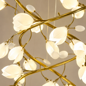 Lustre Moderne Personnalisé en Céramique Magnolia, Suspension en Métal Doré pour Villa, Duplex, Plafond Haut, Décoration de Hall - Product Image 4