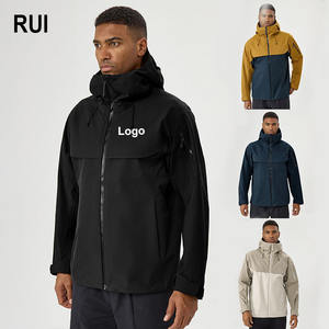 Chaqueta de senderismo RUIQUWIN al por mayor, de lona con patchwork, cortavientos, impermeable, con capucha, cremallera y múltiples bolsillos delanteros para viajes al aire libre para hombre. - Product Image 1