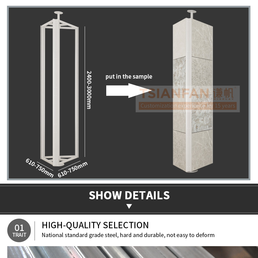 Tsianfan Exhibition For Custom Three Sided Ceramic Quartz Rack Marble Tiles Triangular Case Showing Rotating Stone Display Stand