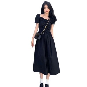 Korean Style French Retro Backless Dress Women's Slim Long Dress Square Collar Empire Waist Daily Casual Breathable Splicing - Product Image 5