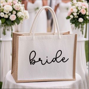 Sac de fête en coton et lin blanc grande capacité sur le thème de la mariée - Product Image 3