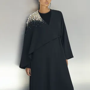 Modern Fashion Muslim Robe Dresses Crystal Floral Sequin Embellished Puff Sleeve Kimono Abaya Ramadan Eid Black Full Natural