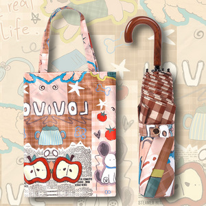Paraguas Plegable de Tres Secciones con Diseño de Dibujos Animados, Mango de Madera, Apertura Manual, Resistente a los Rayos UV, para Sol y Lluvia, 8 Varillas, Poliéster - Product Image 3