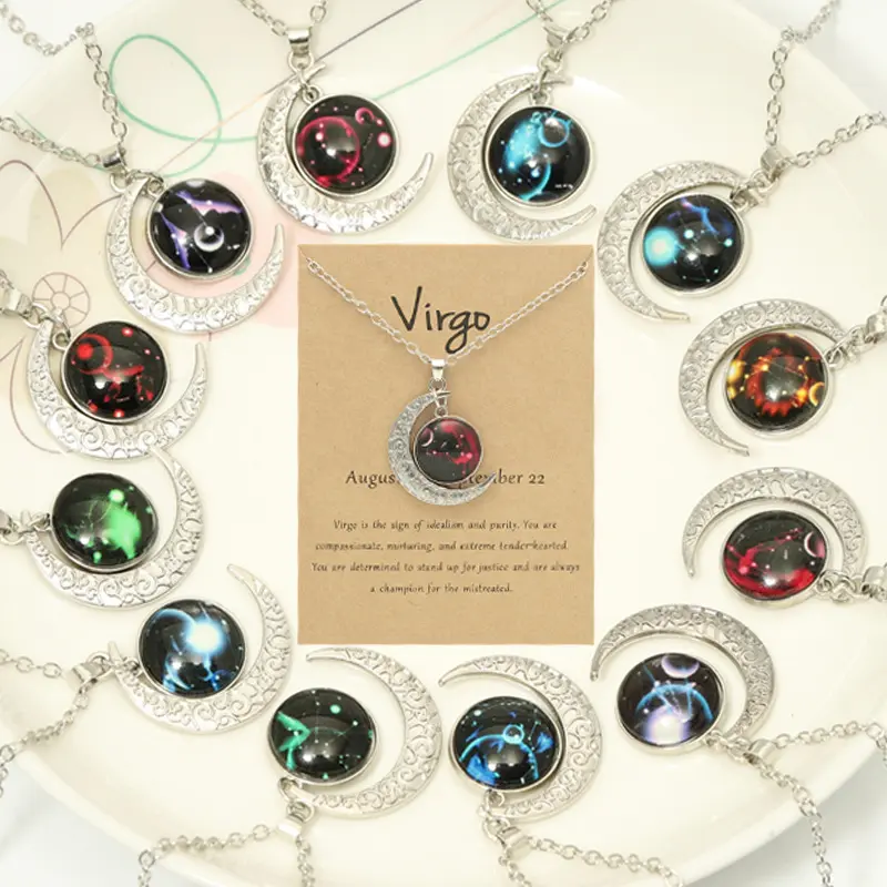 Girls Astrology Silver Moon Zodiac Necklaces Glowing Glass Pendant Luminous 12 Zodiac Horoscope Pendant Necklace