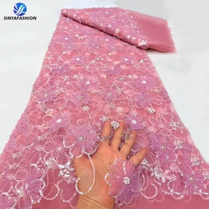 Tissu en dentelle africaine 3D Sinya de haute qualité avec fleurs, perles et sequins, 5 yards, en tulle <span class=keywords><strong>français</strong></span> pour robe de mariée Aso Ebi - Product Image 4