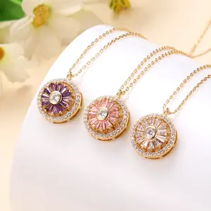 collar de girasol giratorio Water proof Stainless Steel Jewellery Spinning Rotating Cubic Zirconia Pendant Necklace For women