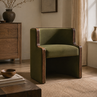 Fauteuil lounge moderne avec dossier incurvé enveloppant, fauteuil en tissu avec finition en bois pour coin lecture dans le salon