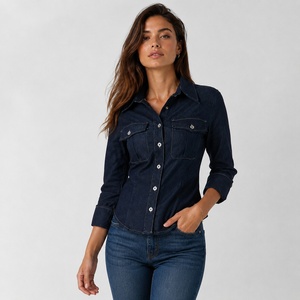 Camisa de Mezclilla para Mujer, Lavado Oscuro, Estilo Cargo, Color Sólido, Manga 3/4, Corte Regular, Informal, Verano, 220g, con Botones - Product Image 6