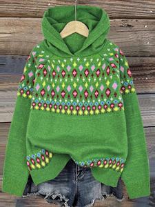 Suéter con Capucha Elegante y Bonito para Mujer, Invierno |   Suaves Mangas Abullonadas Vintage con Bordado Floral en Bloques de Color Degradado - Product Image 5