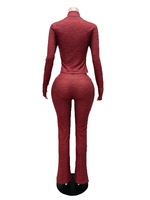 Ensemble 2 pièces jacquard à col montant pour femme, haut zippé à manches longues très extensible et pantalon évasé avec poignets à revers