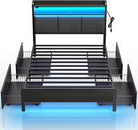 Lit plateforme rembourré de luxe moderne avec éclairage LED, 4 tiroirs avec grand espace de rangement pour un assemblage facile
