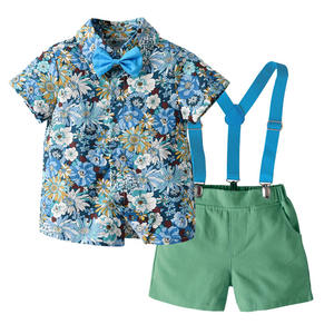 2025 estilo coreano niños Casual verano conjunto Floral manga corta <span class=keywords><strong>Camisa</strong></span> azul claro con <span class=keywords><strong>tirantes</strong></span> pantalones cortos ropa para niños - Product Image 1