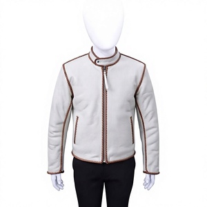 <b>Men's</b> <b>Cream</b> White Genuine Leather <b>Jacket</b> With Brown Braided Trim Mandarin Collar Zipper Closure Casual Winter Style - Product Image 1