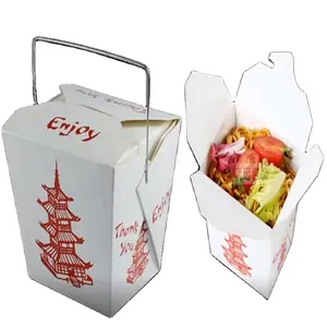 Портативная одноразовая упаковочная коробка для макаронных изделий, закусок, фаст-фуда, 32 унции, коробка из крафт-бумаги с ручкой