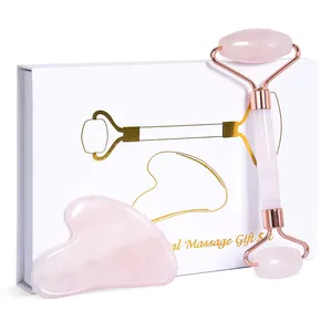 Rouleau de jade de quartz rose de marque privée et kit de rouleau de jade anti-âge de gua sha