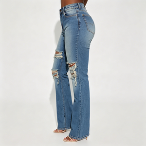 Jeans Skinny Strappati a Vita Alta in Denim Elasticizzato Taglie Forti da Donna e Ragazza con Buchi - Vendita all'Ingrosso - Product Image 6