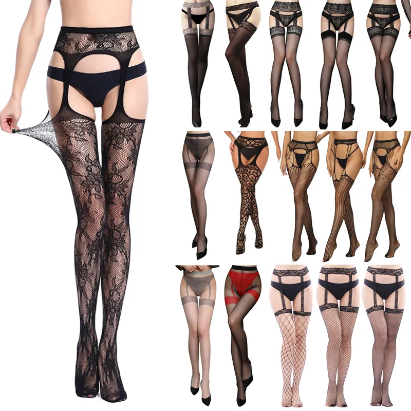 Womens Lingerie Body Garter Belt Thigh High Sheer Nylon Stockings Leopard Suspenders Sexy Pantyhose/Tights