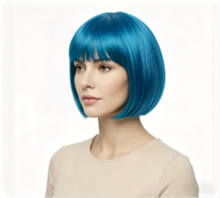 Wig Bob Pendek Biru 14 Inci dengan Poni Rambut Sintetis Tahan Panas untuk Cosplay Wanita