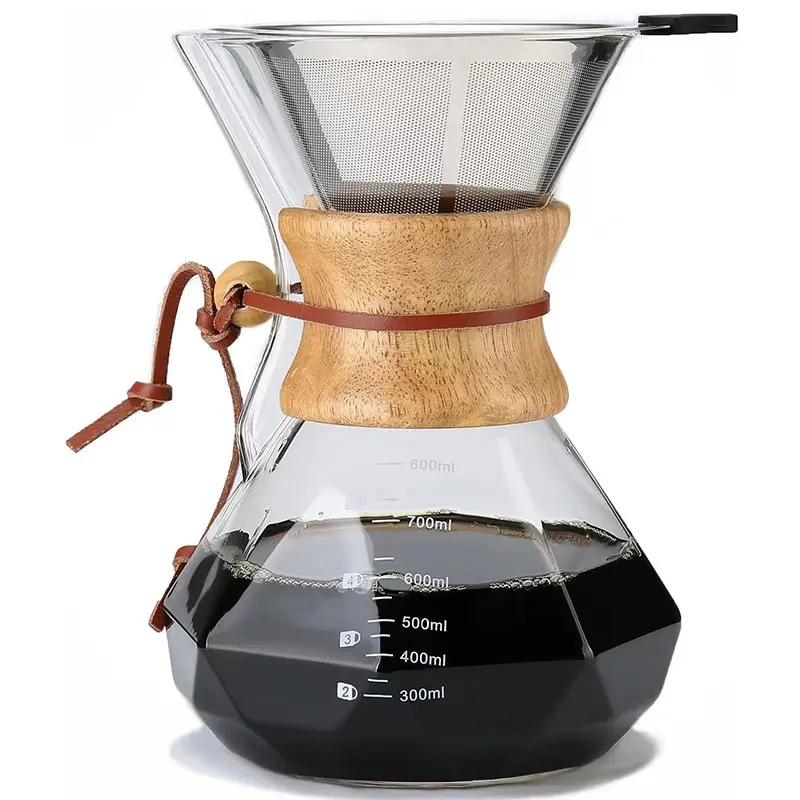 صانعة قهوة مع فلتر من الفولاذ المقاوم للصدأ من الخيزران بحامل من الزجاج والبوروسيليكات