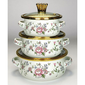 Chinese Style Soup Pot Enamel Pot <strong>Set</strong> 6pcs Enameled <strong>Saucepan</strong> <strong>Induction</strong> Cooker Universal Flowers and Birds Mini Cooker - Product Image 1