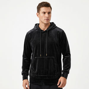 Men's <b>Velvet</b> Hooded Sweatshirt Solid Color Regular Fit Casual Autumn Wear Front Pocket Knitted Pullover Eco-Friendly 300g - Product Image 1