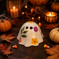 Figur Hantu Halloween Grosir, Keramik Tahan Panas Putih, Dekorasi Daun Bunga, Lampu LED Warna-warni, Dekorasi Rumah Meriah