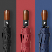 Parapluie de luxe portable pliant entièrement automatique pour homme, avec manche en bois, 10 baleines, revêtement noir en pongé, résistant aux UV