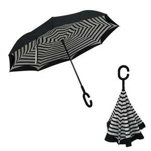 Inverse Car Umbrella With Logo Custom Double Layer C Shape Handle Design Fiberglass Inverted Folding Reverse Rain Umbrella