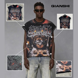 T-shirt graphique personnalisé 100 % coton avec strass, col rond, sans manches, coupe oversize, respirant, unisexe, design délavé à l'acide - Product Image 1