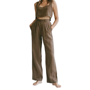 Pantalones holgados ecológicos de lino 100% informales clásicos, ligeros, transpirables, diseño de pierna ancha, última tendencia para verano, MOQ bajo - Product Image 2